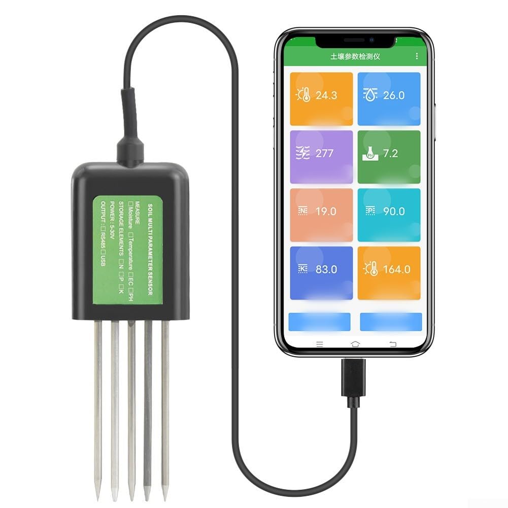 7 In 1 USB Soil Sensor Digital Soil Testing Meter For Moisture Conductivity Temperature PH NPK Nutrients Analysis Waterproof IP68 Metal Probe For Gardening Agriculture Plants