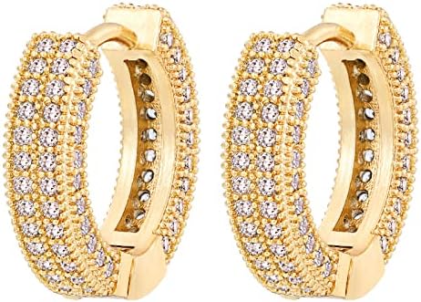 VEXXS Diamond Hoop Earrings for Men, 14K Gold Plated Iced Out Dangle Hoops Earrings Micro Pave 5A CZ Stones Dangle Earrings, Hypoallergenic Earrings for Men (B-14K Gold)