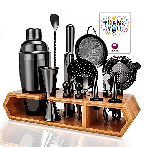 Cocktail Kit Set, Black Bar Set Cocktail Shaker Set for Drink Mixing, 19PCS Bartender Cocktail Kit with Stylish Bamboo Stand&Cocktail Recipes Booklet, Professional Bar Tools for Drink Mixing Home