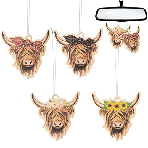 ANGOLIO 4Pcs Highland Cow Air Freshener Car Hanging Gifts for Women Funny Highland Cow Print Car Accessories Hanging Ornament Vent Decoration Aromatic for Party Supplies
