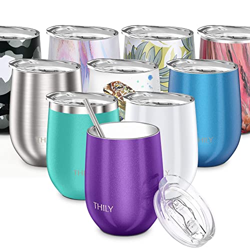 THILY Vacuum Insulated Stemless Wine Tumbler Triple-Insulated Stainless Steel Wine Glass with Lid, Reusable Straw, 350 ml