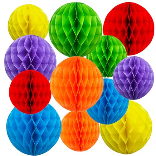 Xiksxitn Decoraciones de bolas de panal arcoíris – 12 pompones colgantes de 6 y 10 pulgadas para cumpleaños, boda, compromiso, fiesta, decoración del hogar (multicolor)