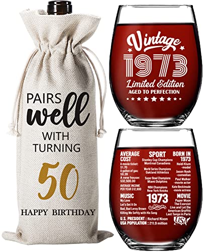 50Th Birthday Gifts For Women Men -50 Year Old Birthday Decoration Gift -50Th Anniversary Party Supplies -15 Oz 1 Stemless Wine Glass And 1 Wine Bag #TOP3