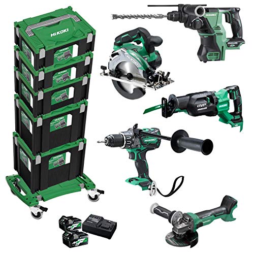 HITACHI Wk36025 - Juego de baterías Hiki (36 V, 5 dispositivos, 2 baterías de 5 Ah, cargador, 5 cajas HSC, tabla de ruedas y tabla de ruedas)