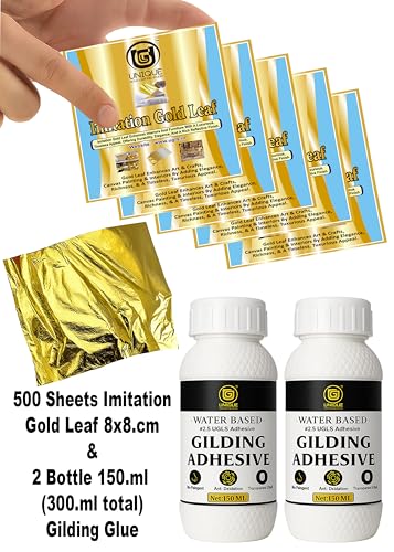 Image of UGLS Gold Leaf Sheets 500 Pack (8 cm x 8 cm) + Adhesive 300 ml (2 Bottles -150ml)- Gilding Glue - Golden Foil for Gilding, Epoxy Resin Art, Maysur Paintings, Arts & Crafts, DIY Gilding