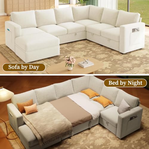 Image of 106.7 inch U-Shaped Modular Sectional Sofa with Pull-Out Bed & Storage, Modern 7-Seat Convertible Couch, Comfy L-Shape Sectional for Living Room, Apartment, Beige