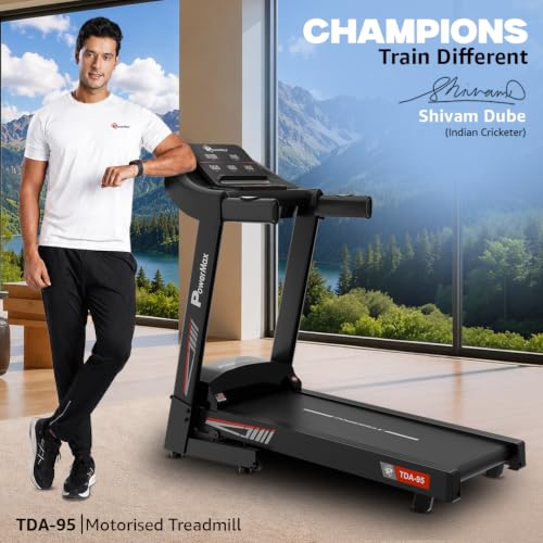 Image of PowerMax Fitness TDA-95 4HP DC Motorized Treadmill For Home Use, 15-Level Auto Incline | 1.0-14 km /h Speed | Running Surface 1100 x 400mm | LED Display | Shock Absorption System | iPad & Mobile Holder