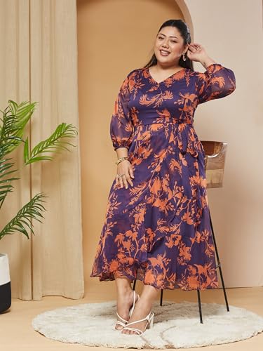 Image of Miss Chase A+ Women's V-Neck Three-Quarter Sleeve Floral Wrap Chiffon Midi Dress