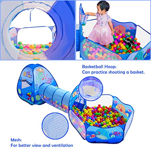 Image of PigPigPen 3 in 1 Kids Play Tent with Tunnel, Ball Pit, Basketball Hoop for Boys & Girls, Toddler Pop Up Playhouse Toy Baby Indoor /Outdoor, Gift Year Old Child (3 Tent)