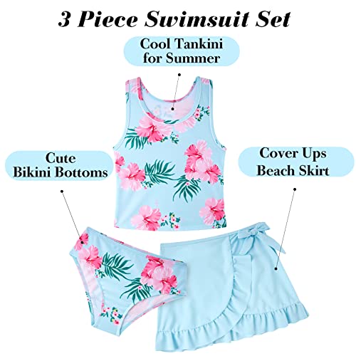 Girls Swimsuits 3 Piece Tankini Bathing Suit Set Cute Bikini Swimwear with Cover Ups Beach Skirt 5-16 Years