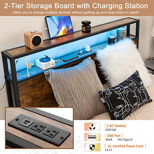 Komfott Industrial Metal Bed Frame With Led Lights, Queen Size Platform Bed Frame With 4 Roll-Out Storage Drawers, 2-Tier Storage Headboard, 2 Charging Outlets & Usb Port, No Box Spring Needed #TOP4