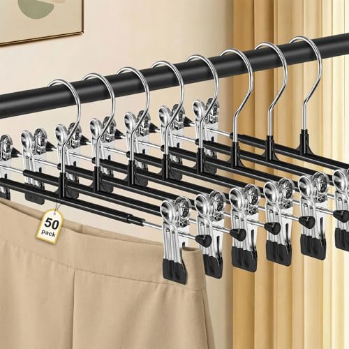 POZEAN Pants Hangers with Clips for Women 50 Pack, 12Inch Adjustable Heavy Duty Skirt Hangers, Space Saving Non-Slip Shorts Jeans Trousers Clothes Hangers, Black