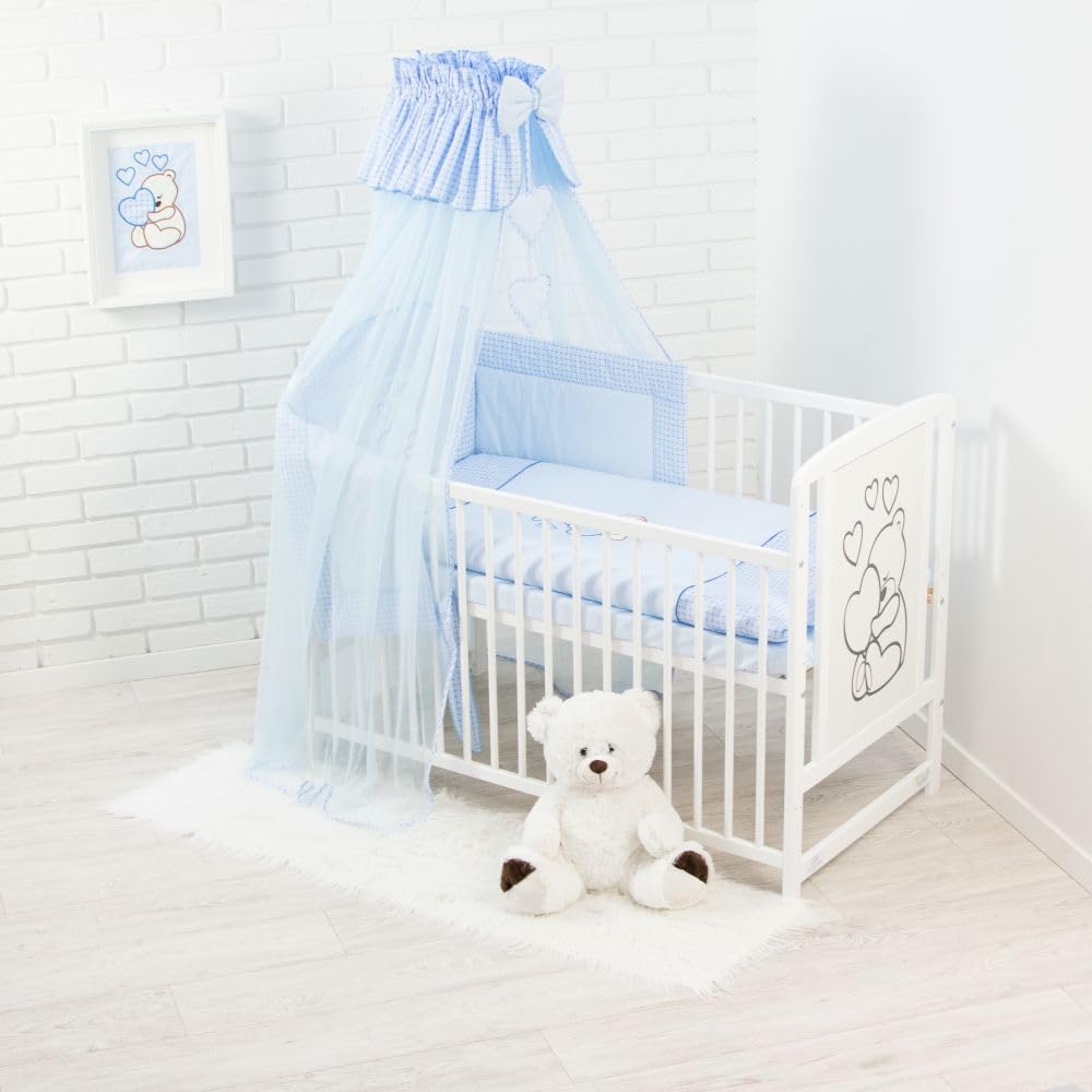 Generisch 12-Teiliges Kinderbett mit Matratze, Teddybär mit Herz, Blau | Bettzeug inklusive, Zubehör inklusive