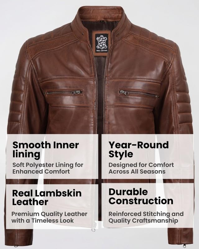 Image of Blingsoul Men's Leather Jacket - Real Lambskin Motorcycle Cafe Racer Biker Style Jacket