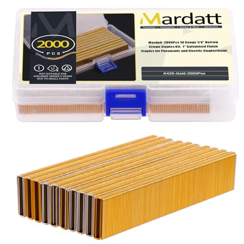 Mardatt 2000 Pcs 18 Gauge Narrow Crown Staples, 1" Galvanized Finish Heavy Duty Narrow Staples for Pneumatic or Electric Stapler (Gold)