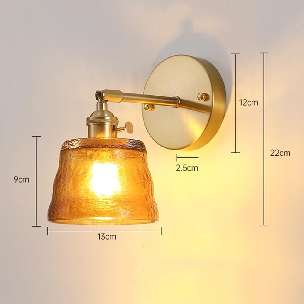 Kinkiet E27 w stylu vintage, regulowany 90°, z przełącznikiem, złoty, wewnętrzny kinkiet z kloszem ze szkła młotkowanego, lampka nocna do sypialni i salonu (bursztynowy)