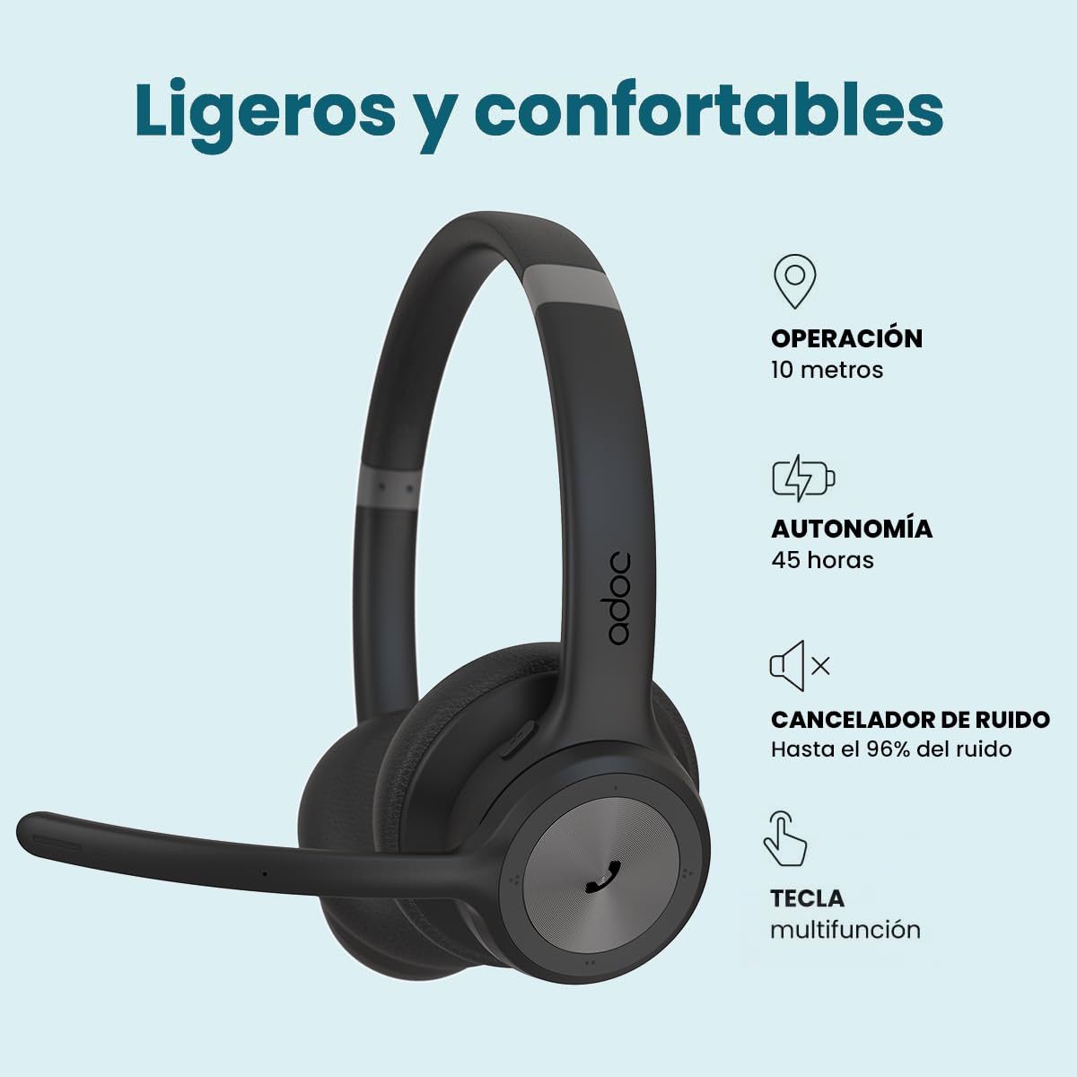 ADOC BT02 PRO Auriculares Bluetooth Biaurales con Micrófono Giro 270 Grados, Cancelación de Ruido, 45h de autonomía, Diadema Ajustable, Tecla multifunción, Compatible con Smartphones, Ordenadores, etc