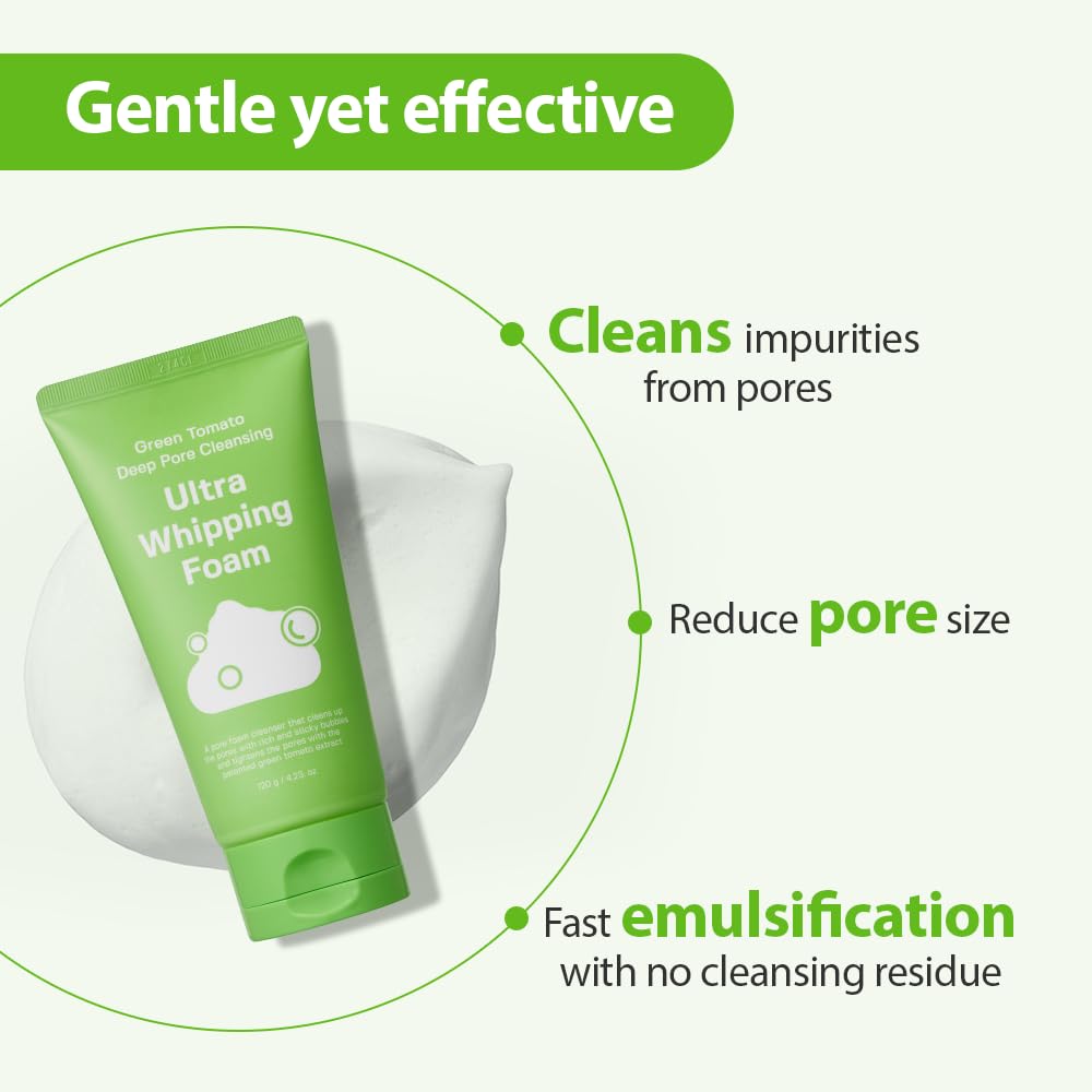 SUNGBOON EDITOR Green Tomato Deep Pore Cleansing Whipping Foam 120,2 g | Detergente viso schiumogeno coreano per pelli grasse, rimozione punti neri e minimizzatore dei pori | Cura della pelle