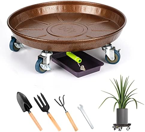 15.7" Metal Plant Caddy, Heavy Duty Planter Pot Mover with Iron Lockable Wheels and Drain Hole, Large Rolling Dolly Planter Caddy Flower Pot Indoor and Outdoor Flowerpot Tray (15.7 inch, 1 Pack-Bronze)