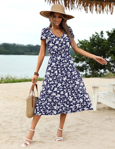 Image of Zeagoo Women's Summer Casual Dress Flutter Short Sleeve V Neck Button Down Tiered Flowy Long Dress with Pockets