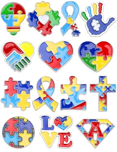 JUNEBRUSHS 28pcs Autism Awareness Brooch Pins Colorful Puzzle Pieces Inspirational Lapel Pins for Adults Autism Awareness Party Gift Supplies Clothes Decor Accessories