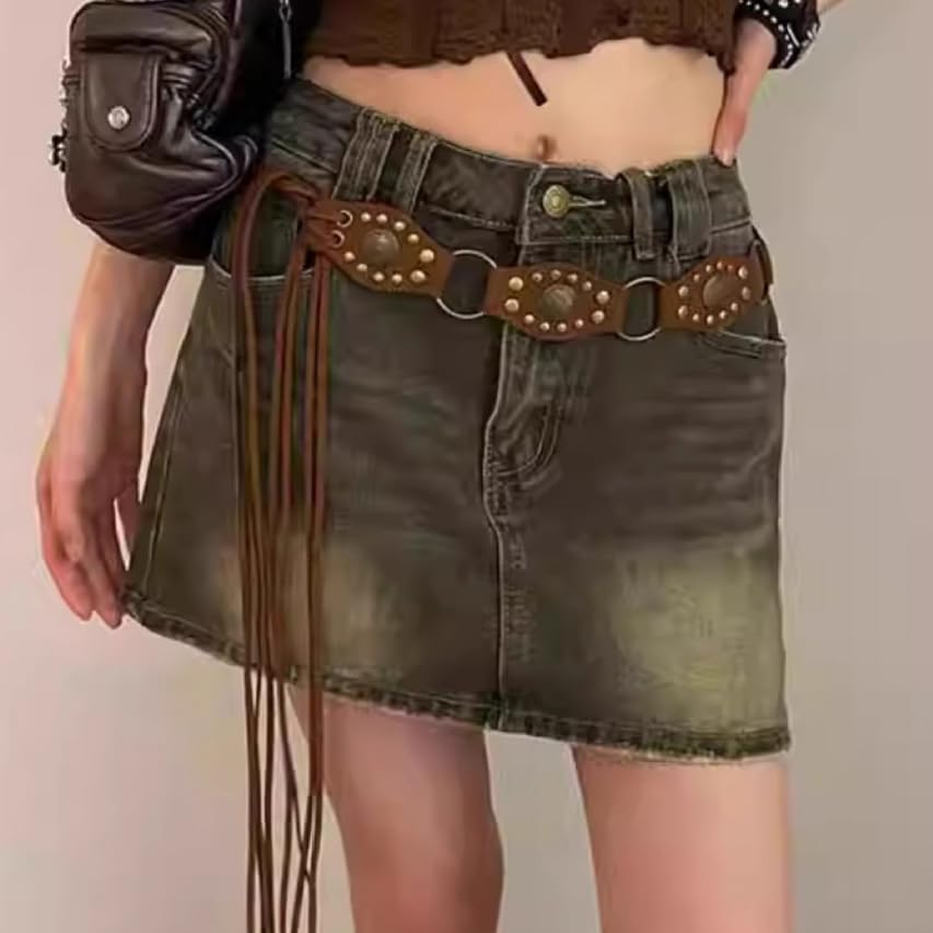 Women All-Match Western Rivet Chain Wide Hollow Disc Leather Vintage Soft Pu Belts3