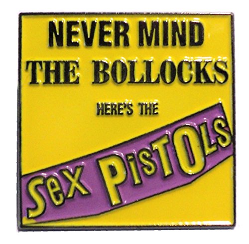 Spilla distintivo in metallo smaltato con scritta in inglese "Never Mind the Bollocks Here's the Sex Pistols", musica punk rock