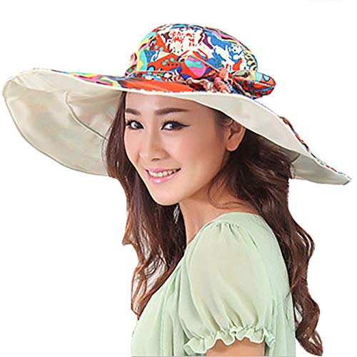 Super Wide Brim Sun Hat Reversible Double-Side Wear Upf 50+ Beach Sun Bucket Hat Foldable Roll Up Floppy Fabric Hat For Women (Beige/Flower) #TOP1
