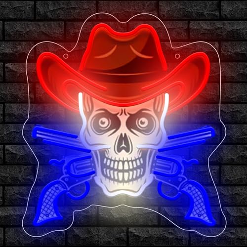Image of Skull With Gun In Cowboy Hat Neon Sign For Wall Decor, Colorful UV Printed Neon Light with Retro Design, LED Artwork for Bar, Bedroom, Game Room, Man Cave Party Decoration Holiday Birthday Gifts