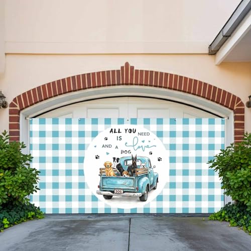Garage Door Banner 6.9x16ft,Watercolor Farm Truck Dogs Garage Door Cover Porch Large Backdrop Banners Wall Decorations for Indoor Outdoor Holiday Party,Blue Checker All You Need Quote