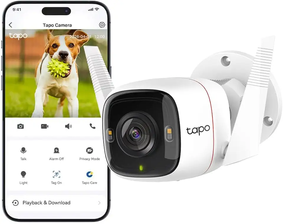 Tp-Link Tapo TP-Link Security Camera, Wi-Fi/Ethernet Connection, 2K QHD, 4MP, Color Night Vision, IP66, Free Smart AI Motion Detection & Notifications, Voice Control, Two-Way Audio, SD Card Slot (Tapo C320WS)
