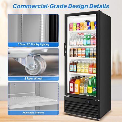 Image of Commercial Beverage Refrigerator, 24.5 inch Glass Door Display Fridge, 15 Cu.Ft Freestanding Beverage Cooler with 4 Adjustable Shelves, Auto Rebound Door, Low Noise, for Shops, Restaurants & Bars, Black