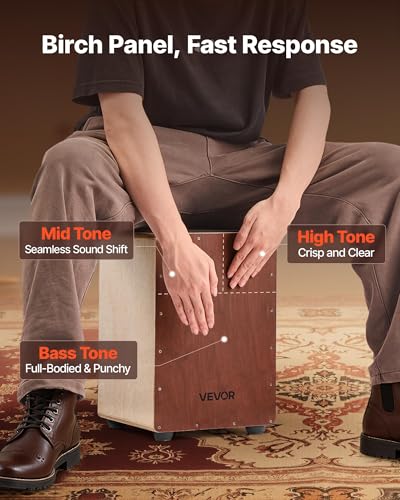 VEVOR Cajon, Kistentrommel, mit internen Snare-Drähten, kompakte & leichte Drum-Box aus Holz, Trommel-Musikinstrument mit Silikonfüßen, abgerundeten Kanten, für Anfänger & Profis, 255x255x380 mm
