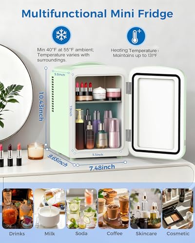Image of Electactic Mini Fridge for Skincare, 4L /6 Cans Portable Compact Cosmetic Fridge, Retro Desktop Fridge with AC /DC Adapters, Small Cooler and Warmer for Beverage, Makeup, Bedroom, Office, Kids, Green