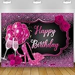 Pink Happy Birthday Backdrop Banner for Women Girls Heels Happy Birthday Banner Pink Backdrop Rose Champagne Backdrop for Women 18th 30th 40th 50th 70th Party Decorations 7x5Ft (82x59 inch)