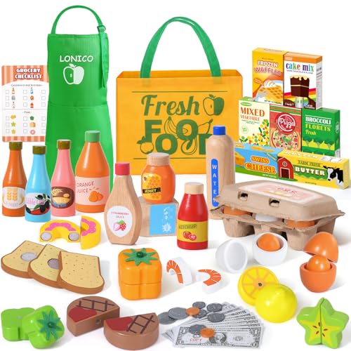 Lonico Wooden Play Food Toys for Kids Market Grocery Store Toys with Snack & Shopping Bag & Apron for Toddlers Pretend Play Kitchen Accessories Christmas Birthday Gift for Girls Boys 3 4 5 6