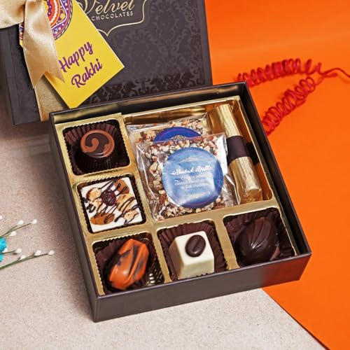 Image of Velvet Fine Chocolates Strong Bond Box | Assorted Chocolates & Evil Eye Rakhi Combo | Perfect for Siblings | Handmade Delights | Pack of 1