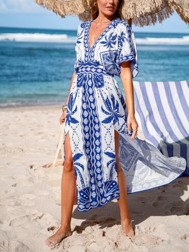 Image of CUPSHE Womens Tropical Floral Maxi Dress V Neck Short Sleeve Smocked Side Slit Dress Summer Vacation Beach Pocket Long Dress