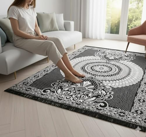 Image of Chenille /Cotton Carpet 5x7 Feet | Soft Velvet Rug for Living Room, Hall & Bedroom | Floor Carpet for Home | Designer Dari for Floor 150x210 cm | Non-Slip & Durable Kalin (Black)