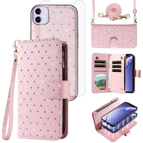 Asuwish Compatible with iPhone 11 6.1 Wallet Case Zipper Cell and Screen Protector Crossbody Strap Glitter Flip Card Holder Phone Cover for iphone11case iPhone11 i Phone11 11s XI 11R Women Rose Gold