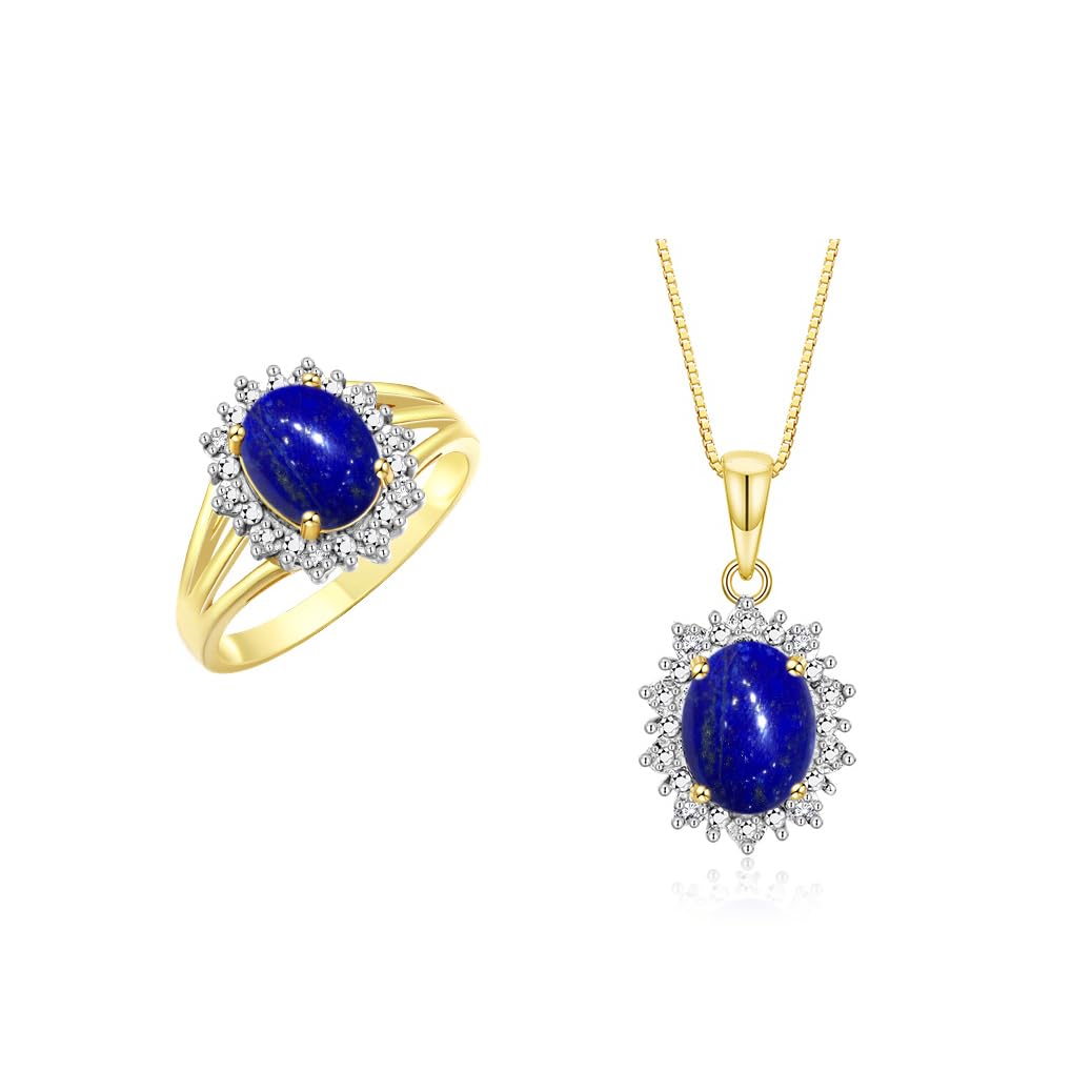 Rylos Women's Yellow Gold Plated Silver Princess Diana Ring &amp; Pendant Set. Gemstone &amp; Diamonds, 9X7MM Birthstone. Matching Friendship Jewelry, Sizes 5-10.