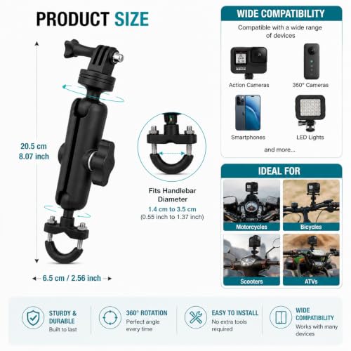 Image of CERLINK Action Camera Mount Compatible with GoPro | Premium Aluminium Alloy Bike & Motorcycle Handlebar Holder | 360 Adjustable Dual Angle