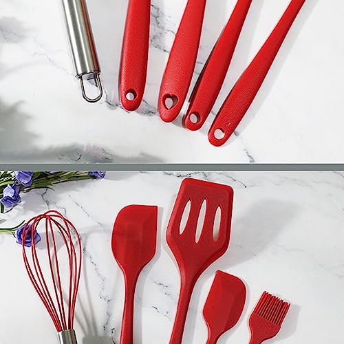 Silicone Rubber Kitchen Supplies Set Baking Tools 5PCS (Small Scraper + Large Scraper + Egg Beater + Leak Spatula + Small Oil Brush) Red - Image 4