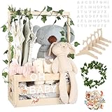 Baby Shower Gifts Basket Wooden Crate, Personalized Wooden Letters and Baby Clothes Hangers New Born Baby Girl Boy Gifts Vine Decorations Cute Closet with Handle Pregnancy Gifts for New Mom Parents