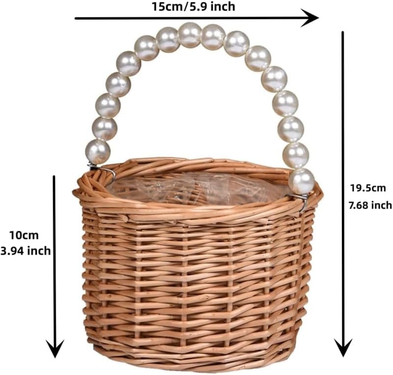 wicker rattan flower girl basket,pearl handle flower basket,flower girl basket for wedding and home decorations. 4