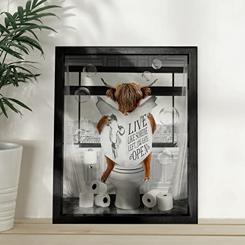 Highland Cow Bathroom Decor Wall Art Black And White Farmhouse Bathroom Wall Decor Cow Pictures Canvas Print Artwork Cow In The Toilet Funny Bathroom Decor Handmade Black Vintage Wood Framed 12"X16" #TOP2