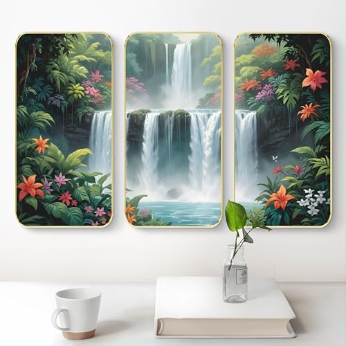 Image of Livin'luxe Set of 3 Waterfall Nature scenery modern art Boho painting Premium Framed Laminated Wall paintings for living room, bedroom, home decoration, wall decoration 20 inch x 30 inch SP-16