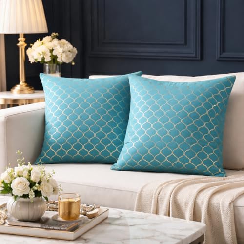 Image of Decorative Throw Pillow Covers, Turquoise Blue with Gold Moroccan Pattern, Velvet Cushion Covers, 2 Pack