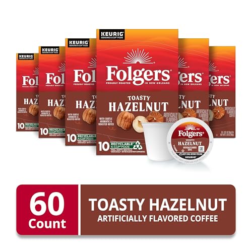 Image of Folgers Toasty Hazelnut Artificially Flavored Coffee, K-Cup Pods, 60 Count | 6 (10 count) boxes, Medium roast coffee, Genuine K-Cup pods made to brew with your Keurig coffee maker