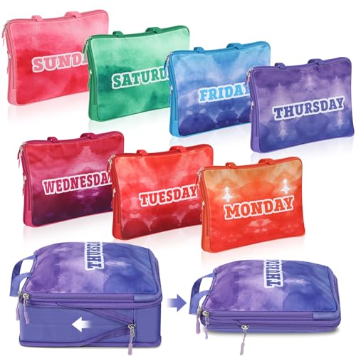 Paterr 7 Pcs Days of Week Packing Cubes Compression Packing Cubes for Kids Summer Camp Travel Daily Outfit Suitcase Organizers Zippered Storage Bag for Cruise Vacation Essentials(Multicolor)